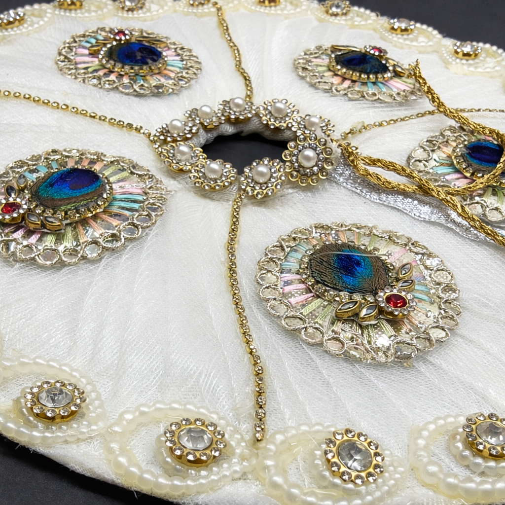 Pure White Peacock Motif Laddu Gopal Poshak With Pearl Work