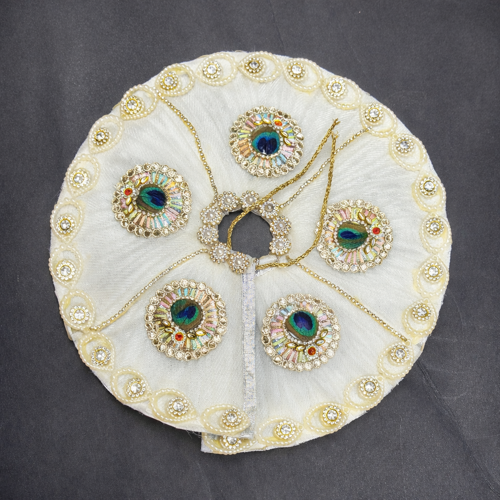 Pure White Peacock Motif Laddu Gopal Poshak With Pearl Work