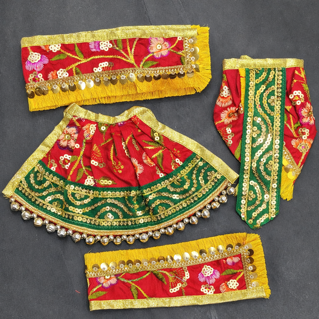 Handcrafted Red Green Laddu Gopal Poshak Accessories With Gold Embroidery