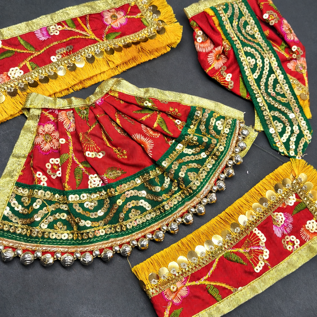 Handcrafted Red Green Laddu Gopal Poshak Accessories With Gold Embroidery