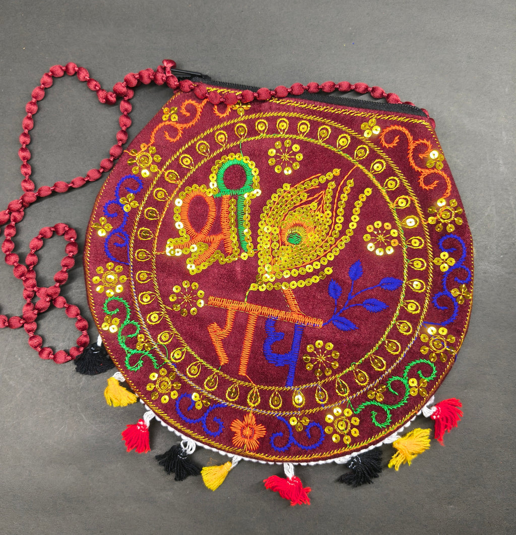 Shree Radhe Embroidered Maroon Bag