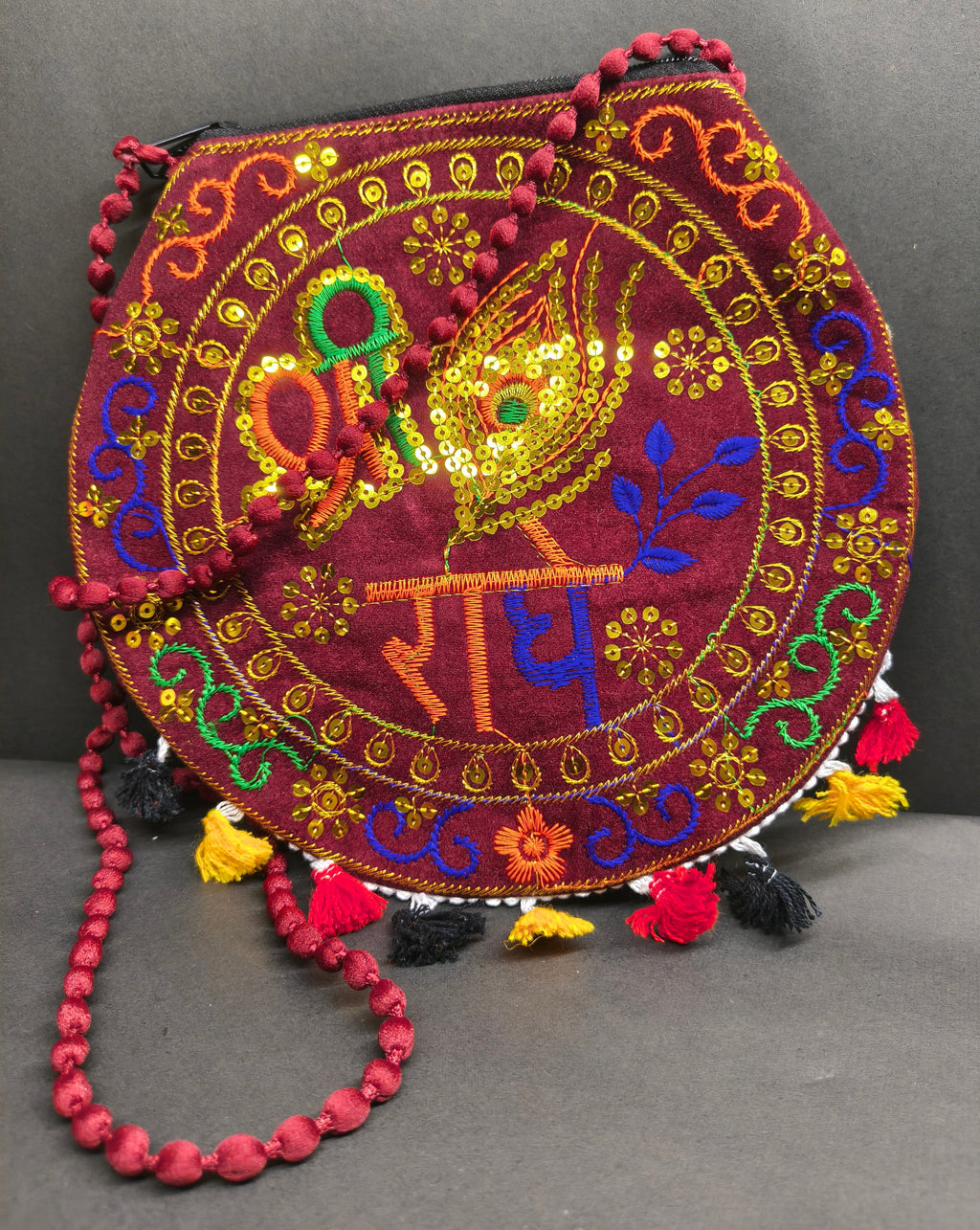 Shree Radhe Embroidered Maroon Bag