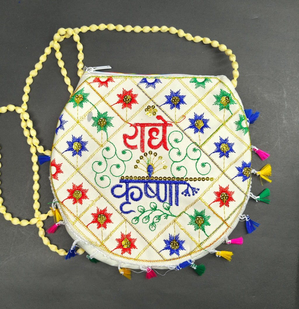 Radhe Krishna Embroidered Off White Bag