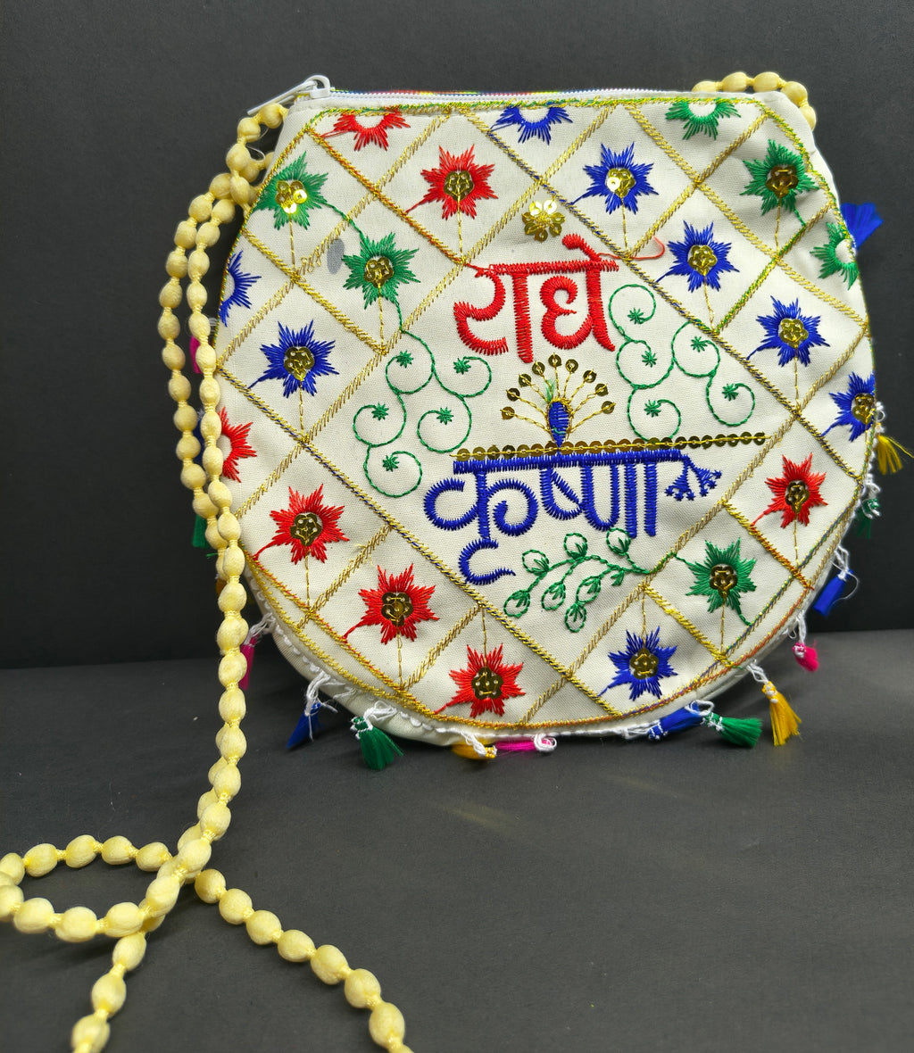 Radhe Krishna Embroidered Off White Bag