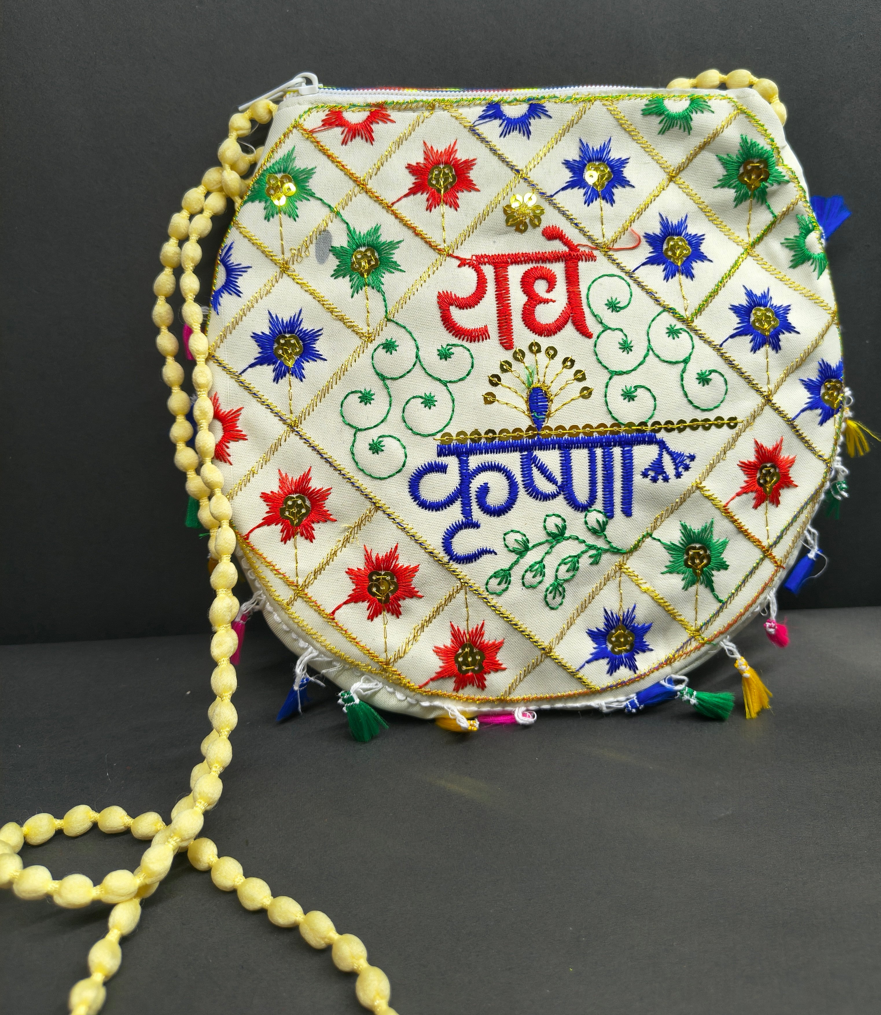 Radhe Krishna Embroidered Off White Bag