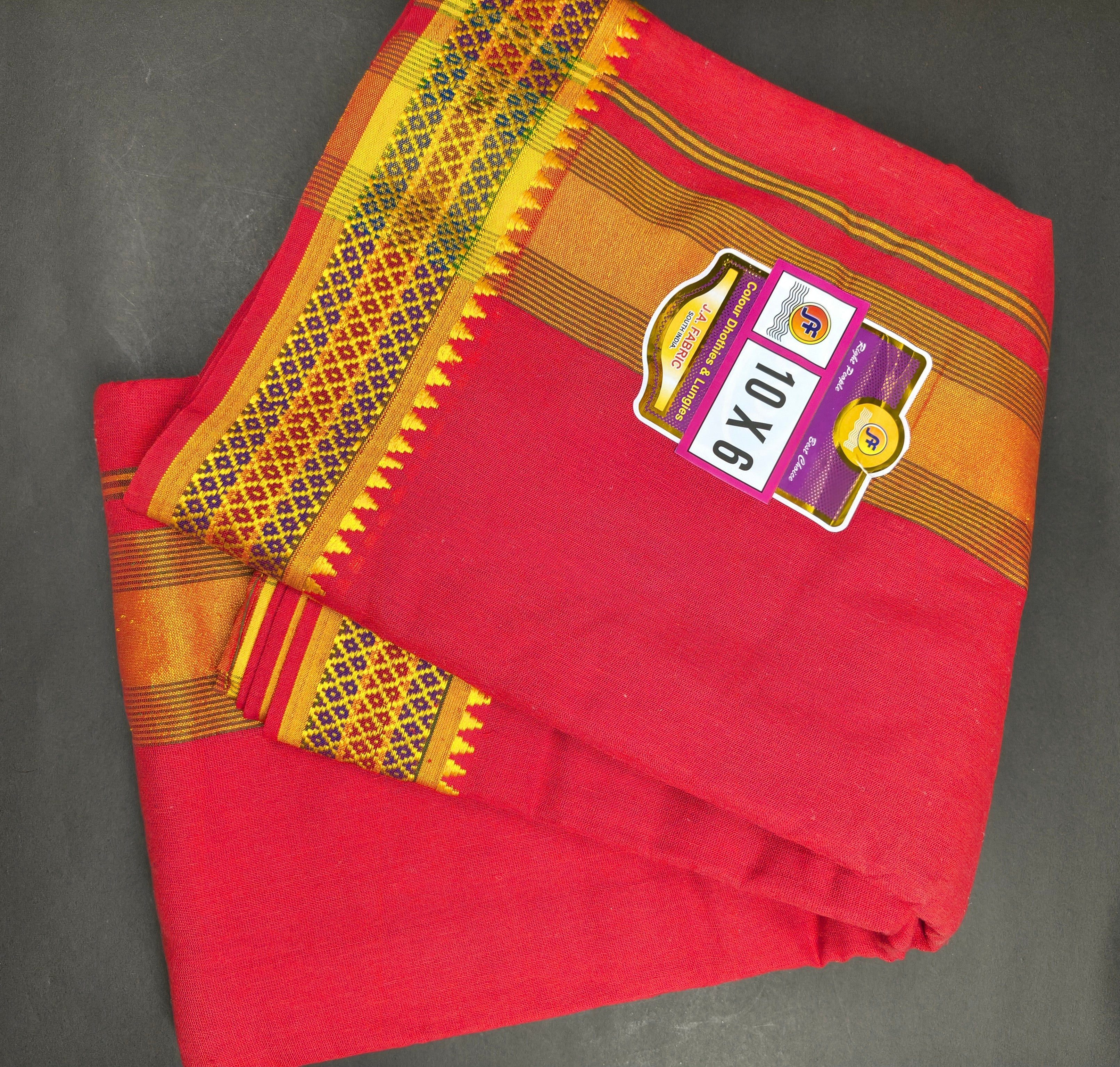 Red Temple Style Woven Border Cotton Puja Dhoti