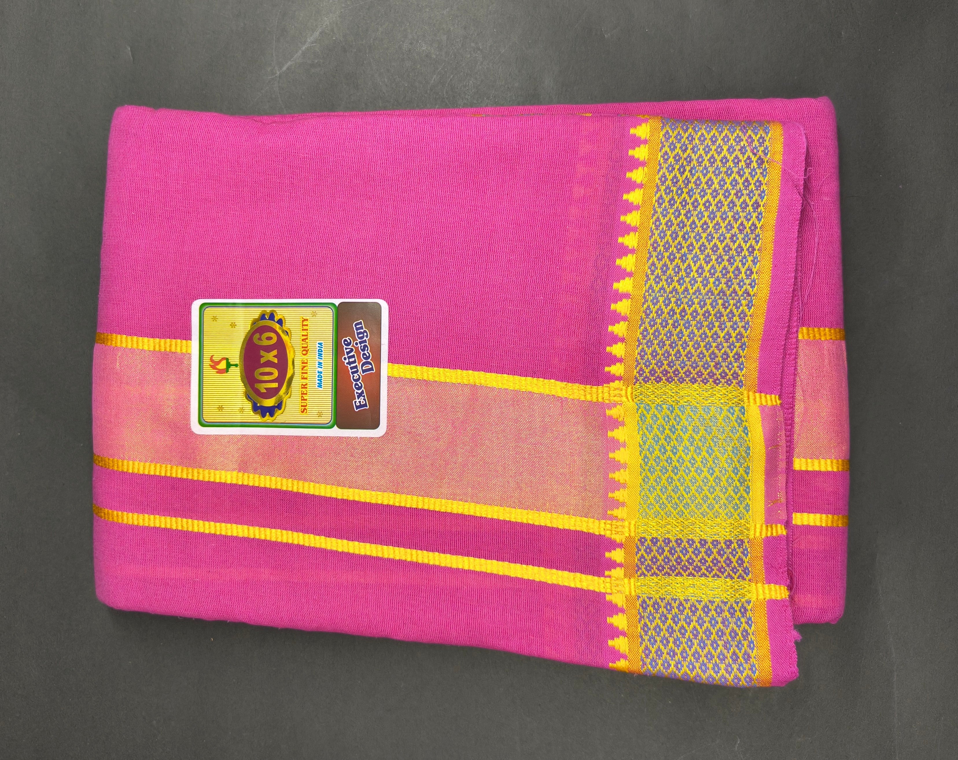 Vibrant Pink Woven Border Cotton Puja Dhoti