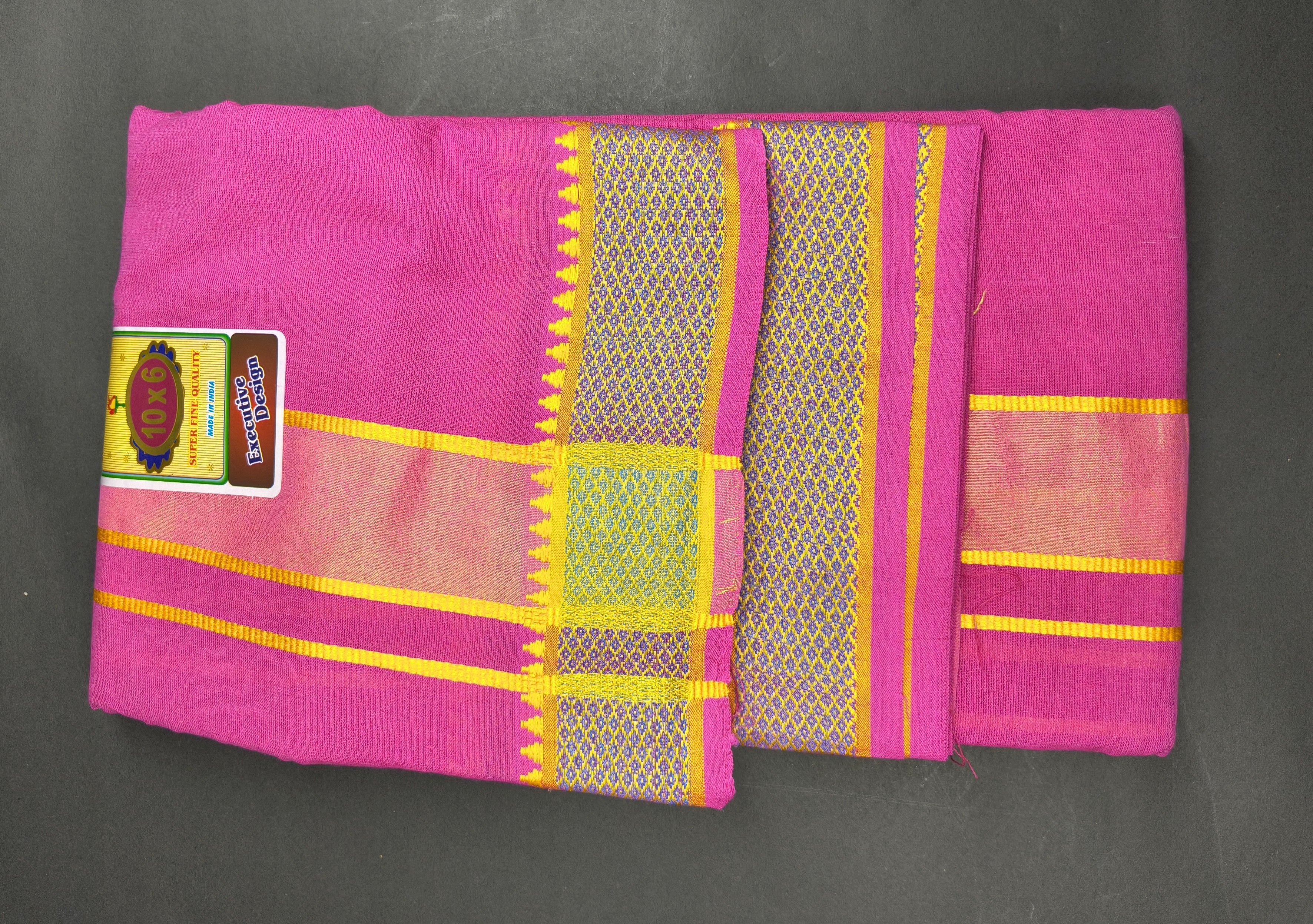 Vibrant Pink Woven Border Cotton Puja Dhoti