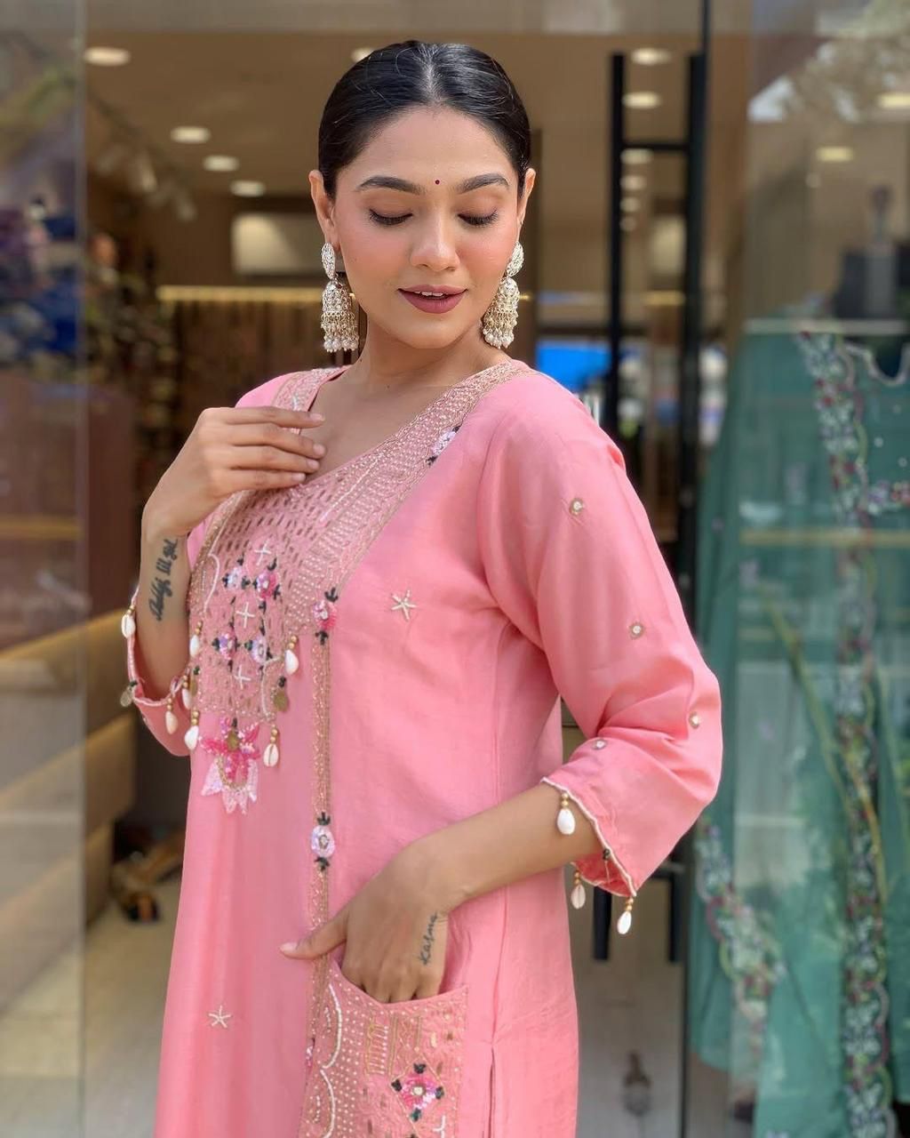 ure Roman Silk Suits With Cowry Sequin Embroidery