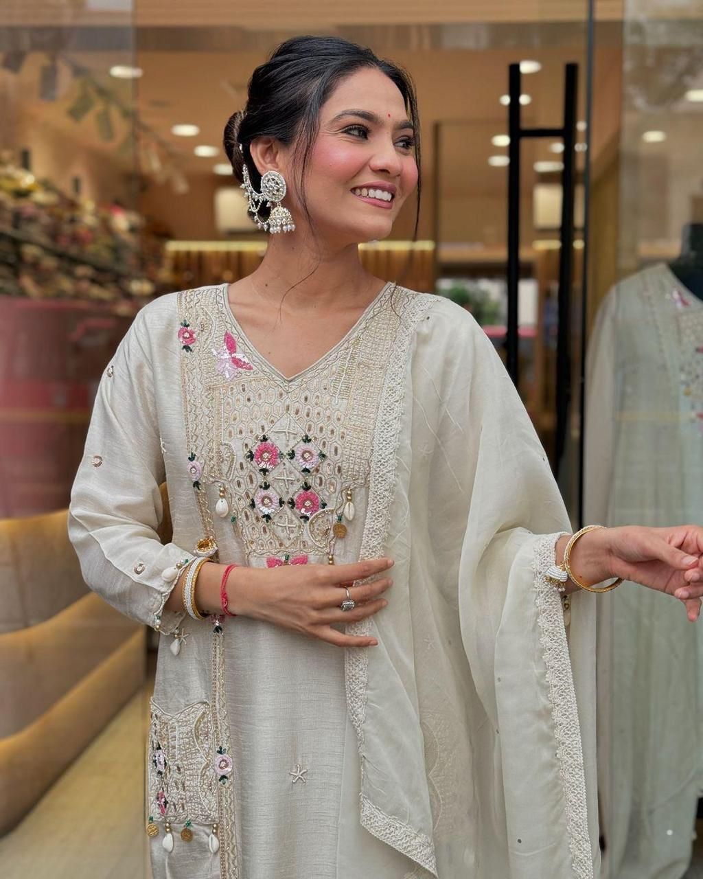 ure Roman Silk Suits With Cowry Sequin Embroidery