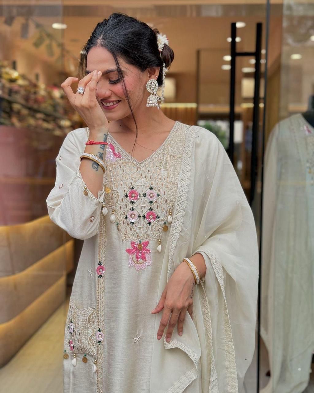 ure Roman Silk Suits With Cowry Sequin Embroidery