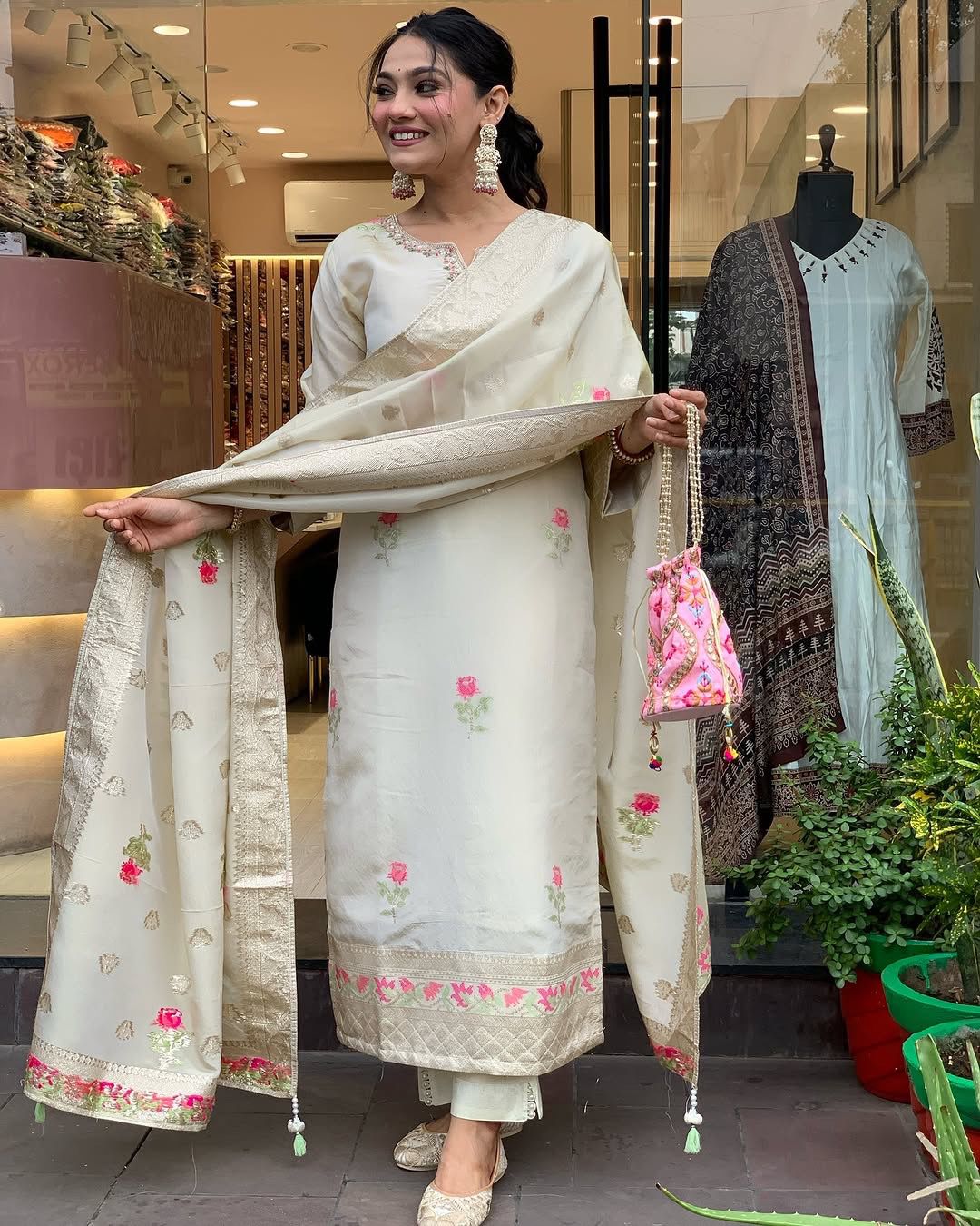 Designer Shimmer Jacquard Kurta With Embroidered Dupatta Set