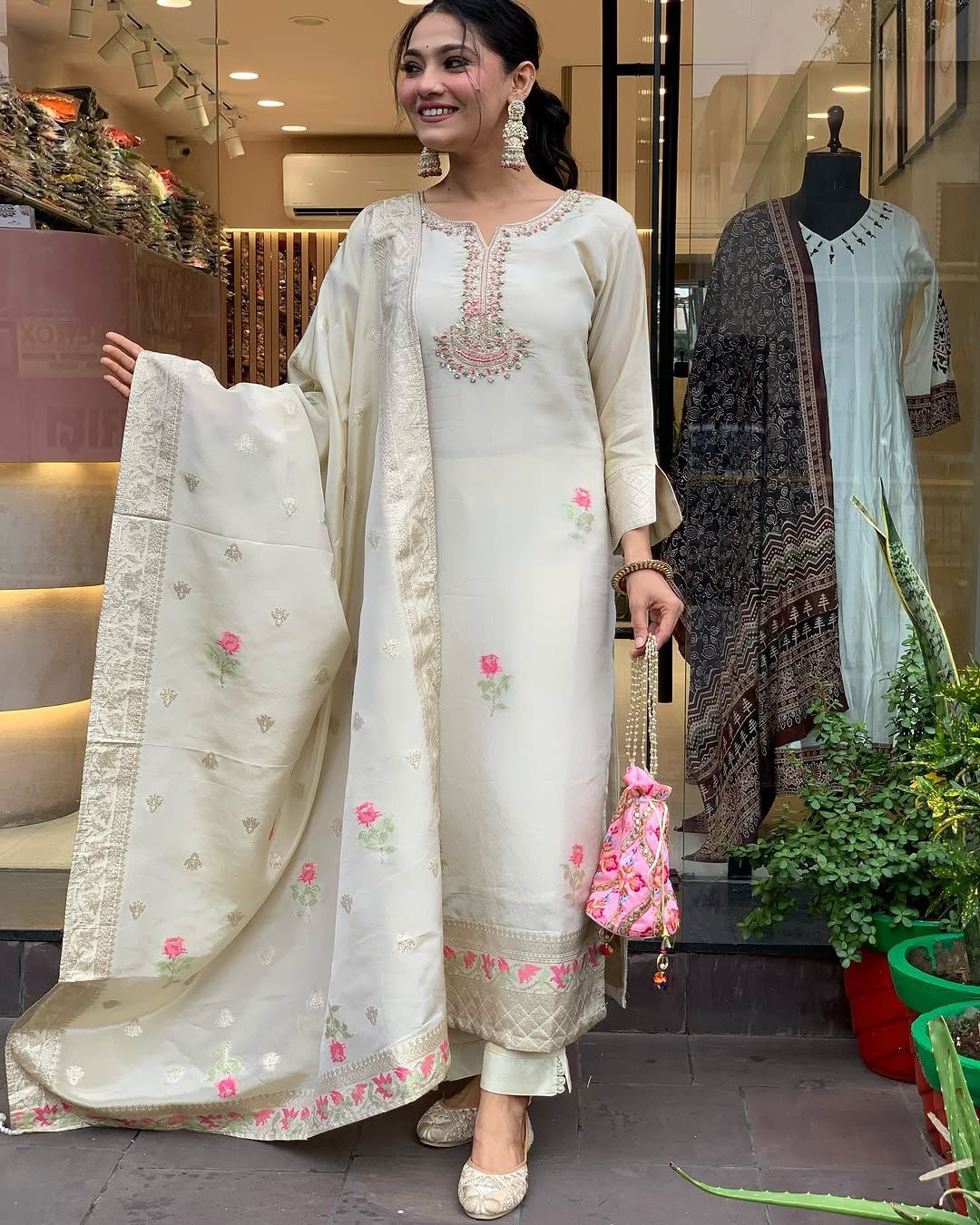 Designer Shimmer Jacquard Kurta With Embroidered Dupatta Set