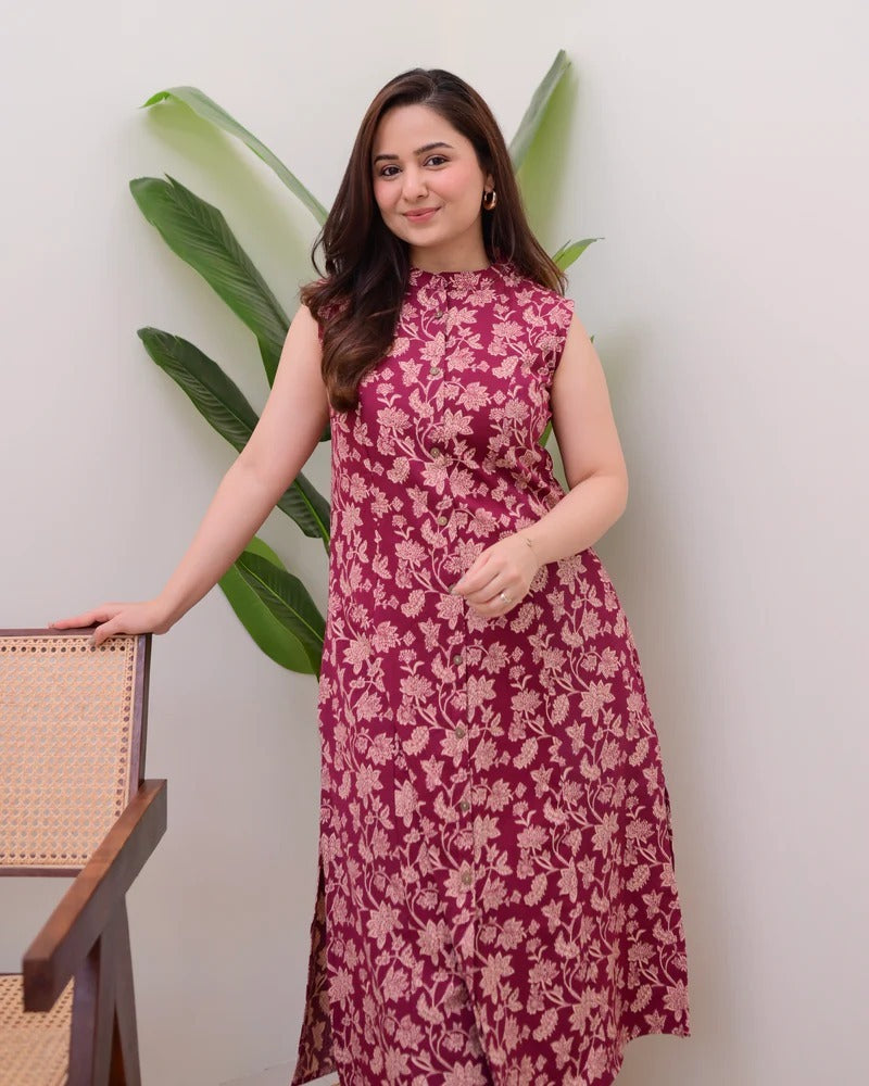 A sleeveless, knee-length kurti featuring a band collar and a full button-down placket.