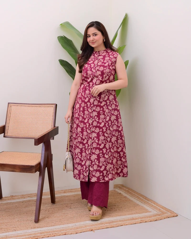 A sleeveless, knee-length kurti featuring a band collar and a full button-down placket.
