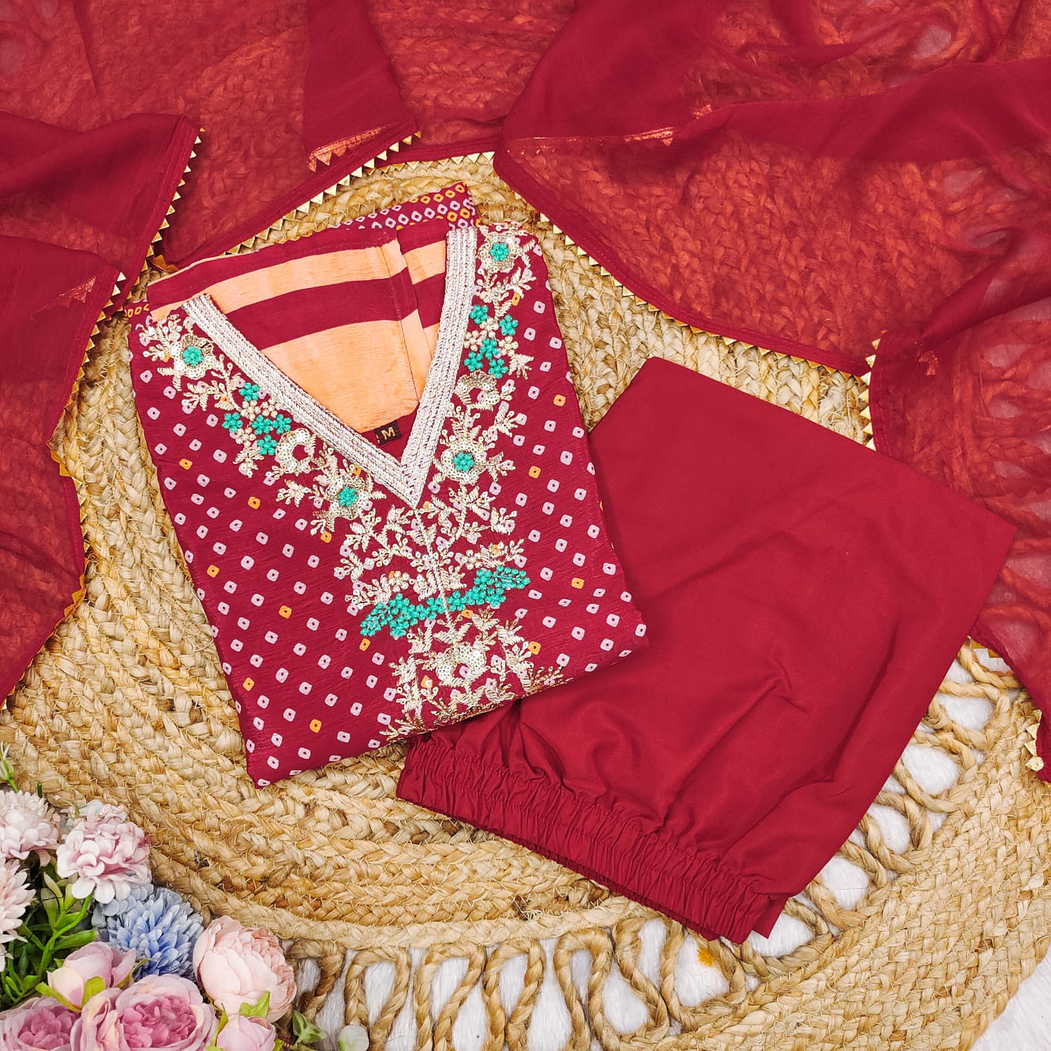 Chinon Bandhani Print Kurti Set with Embroidered V-Neck with dupatta