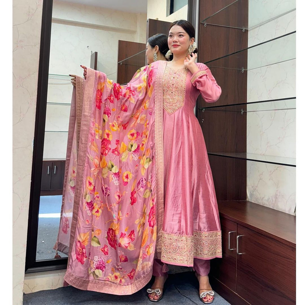Festival Wear Pastel Pink Roman Silk Kurti with Matching Dupatta