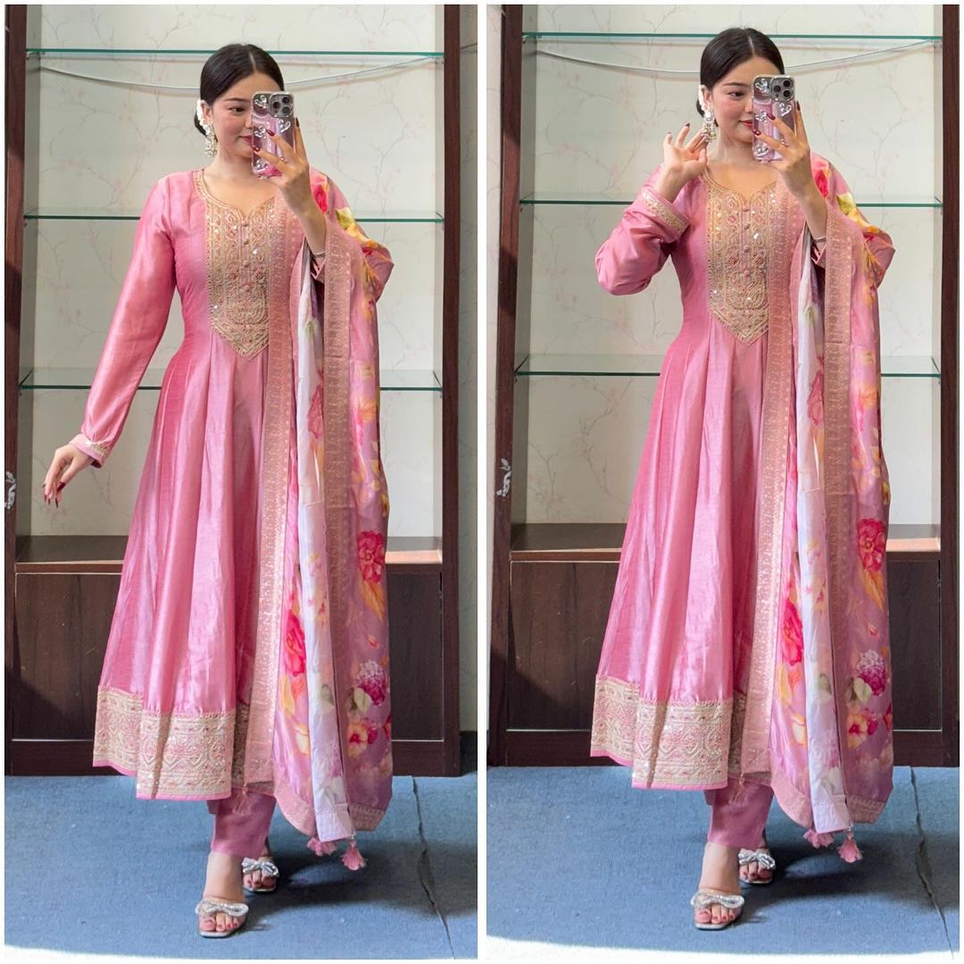 Festival Wear Pastel Pink Roman Silk Kurti with Matching Dupatta