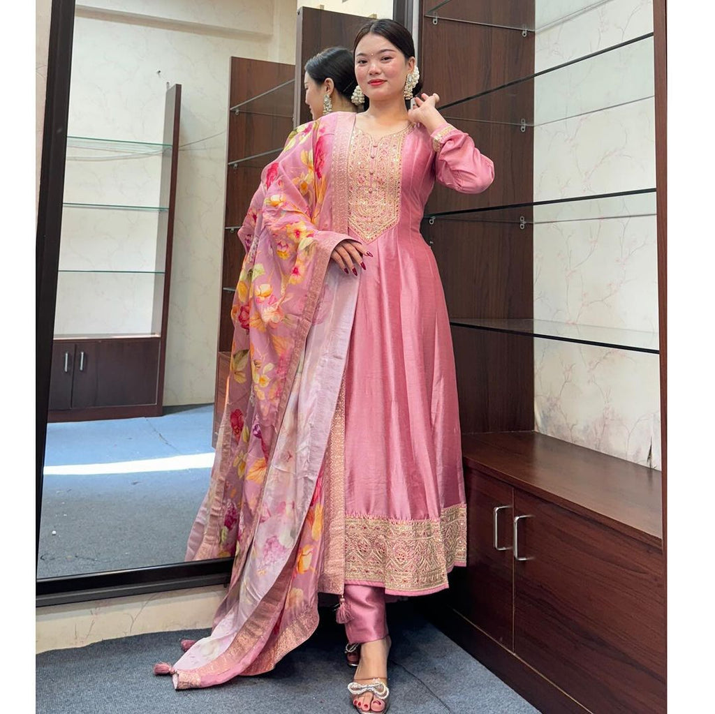 Festival Wear Pastel Pink Roman Silk Kurti with Matching Dupatta