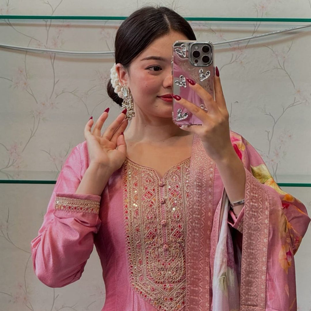 Festival Wear Pastel Pink Roman Silk Kurti with Matching Dupatta