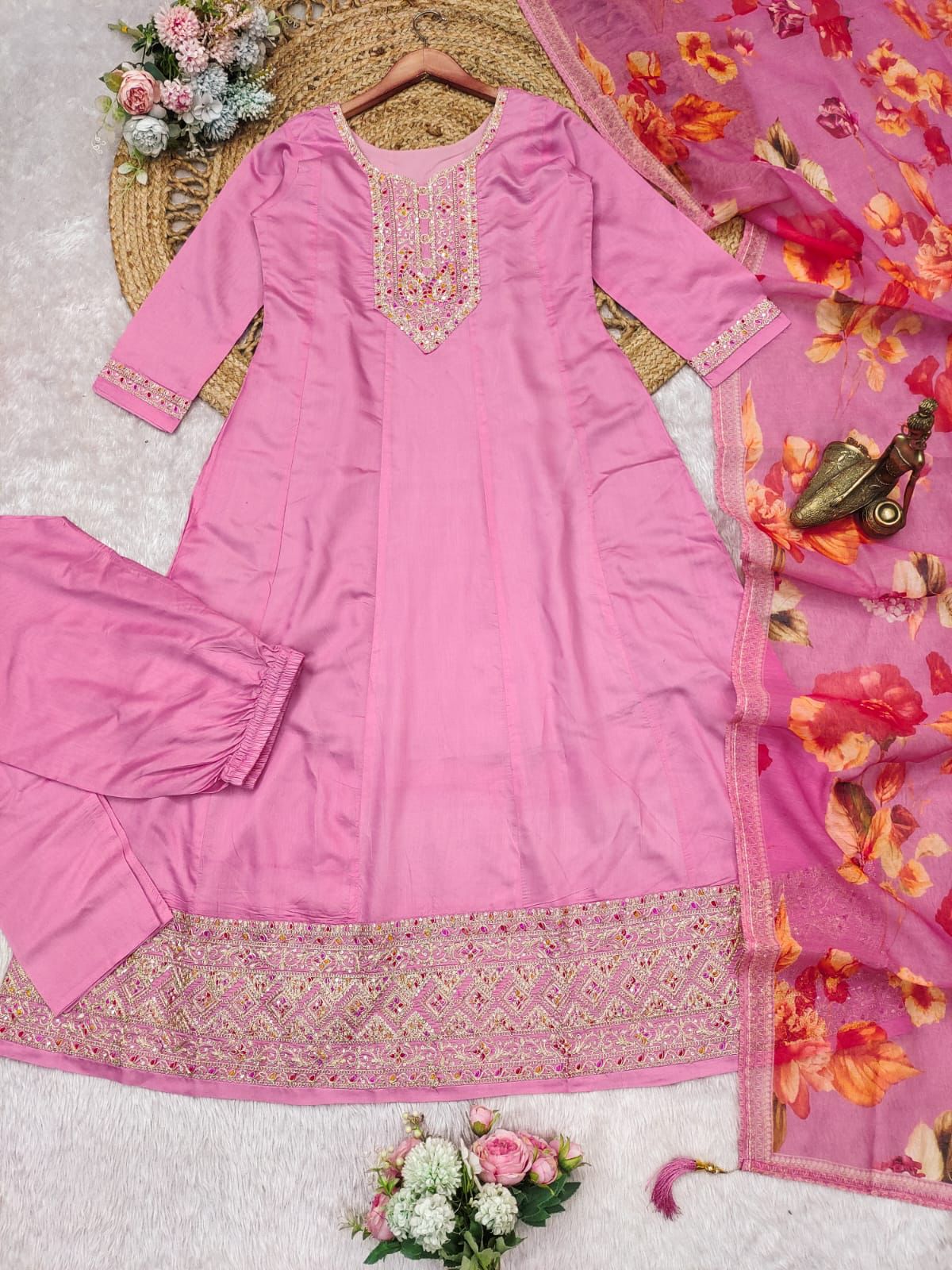 Festival Wear Pastel Pink Roman Silk Kurti with Matching Dupatta