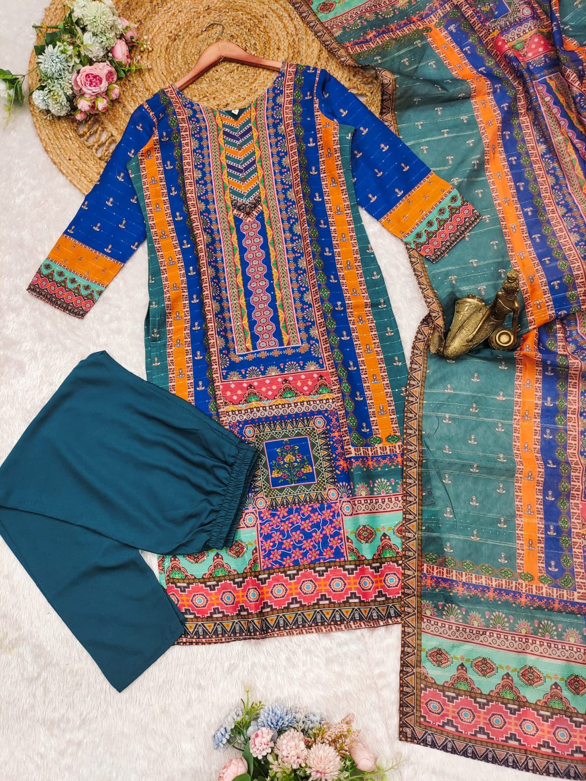 Multicolour Masleen Printed Suit Set With Embroidered Dupatta