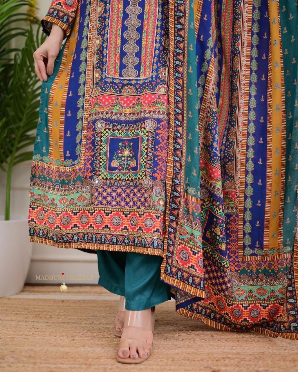 Multicolour Masleen Printed Suit Set With Embroidered Dupatta