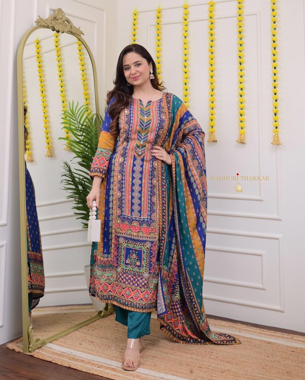 Multicolour Masleen Printed Suit Set With Embroidered Dupatta