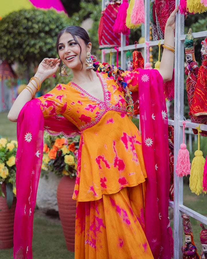 Premium Printed French Crepe Top Plazo Set With Embroidered Dupatta